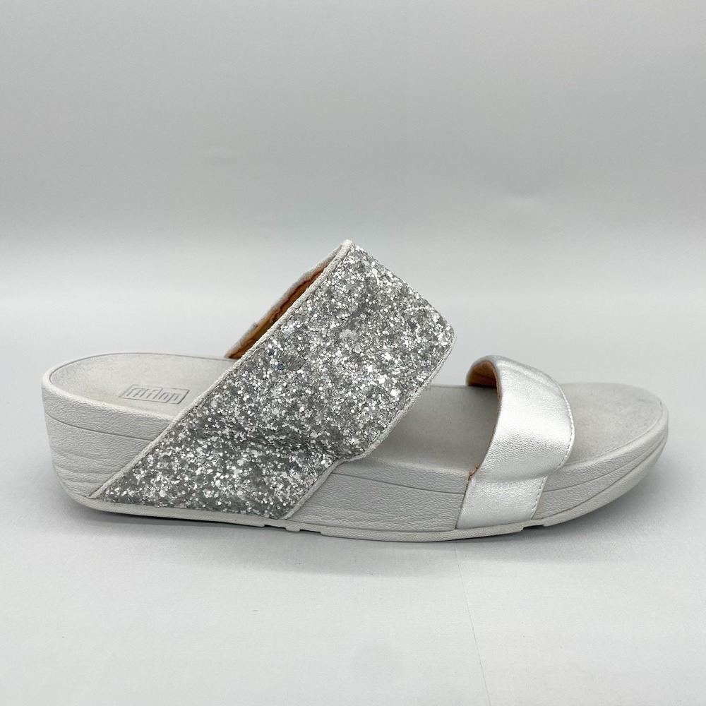 FITFLOP Womens 8 Rosa‎ Glitter Slide Sandals Shoes Silver Platform Wedge Comfort